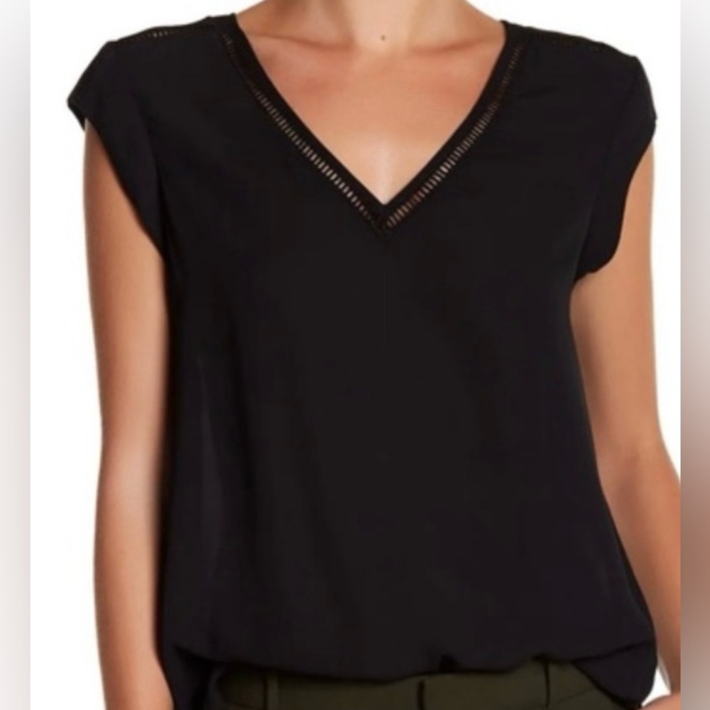 DR2 Black V-Neck Blouse with Cut Out Crochet Trim Small